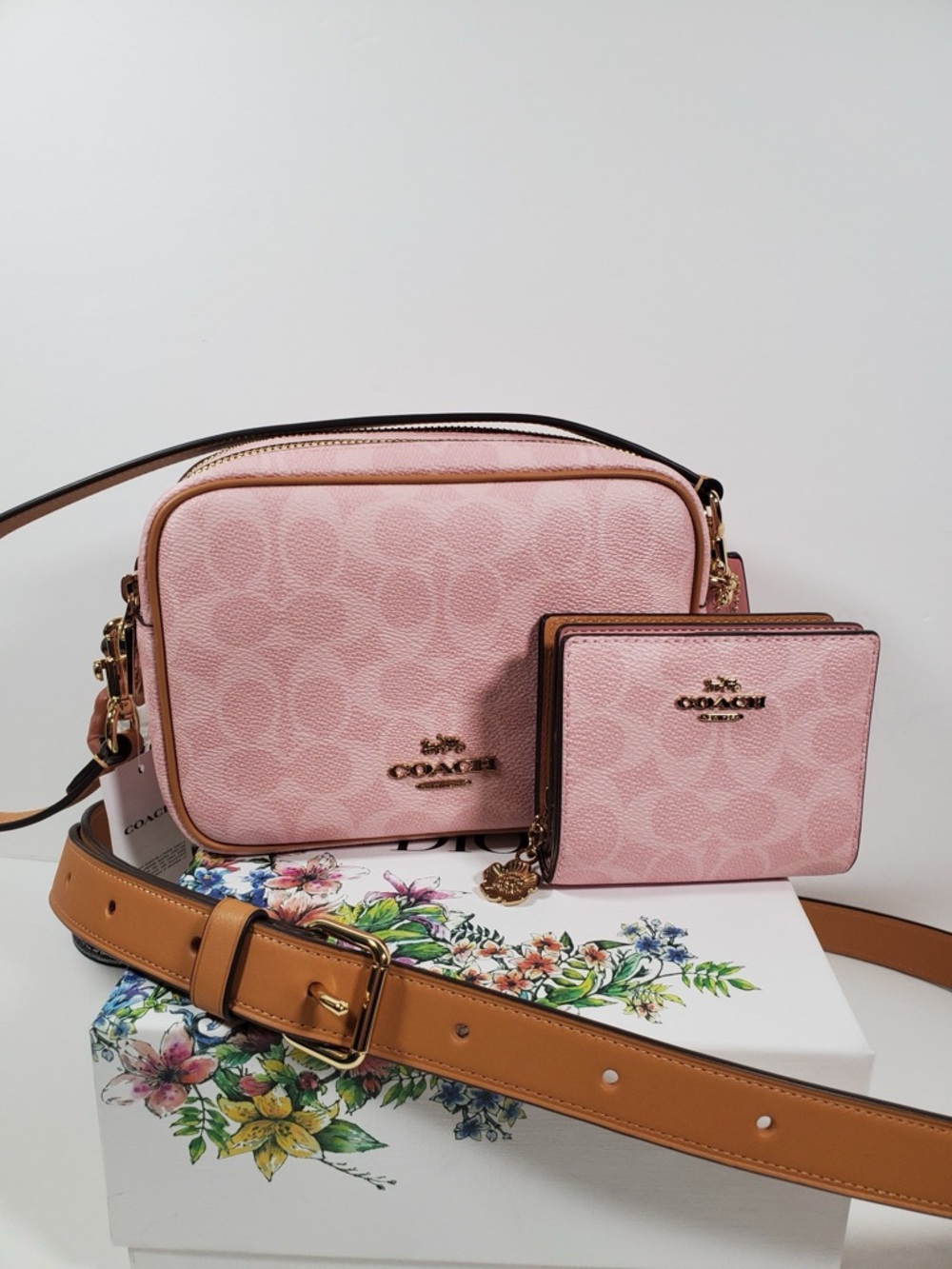 Bundle Coach Powder Pink Carey Crossbody Bag in Signature Canvas and Wallet NWT